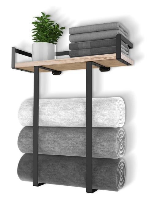 Towel Holder Towel Rack Wall Mounted for Bathroom Decor, Metal Towel Holders with Wooden Shelf