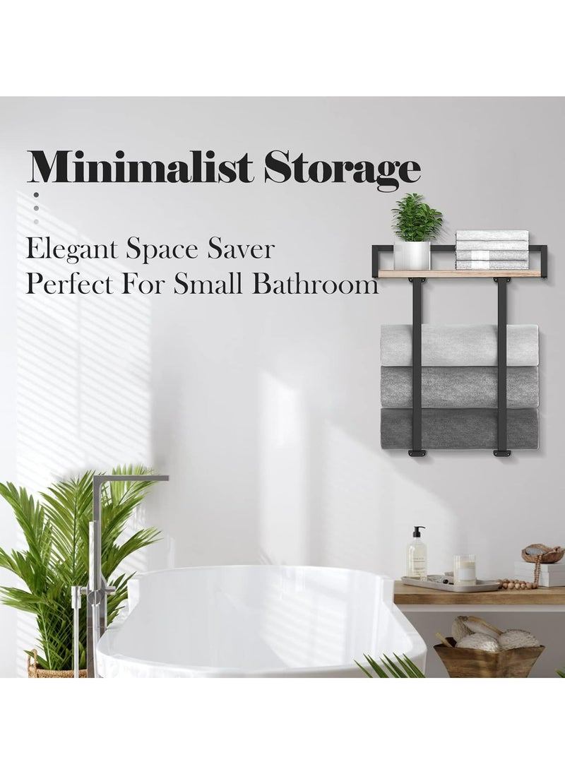 Towel Holder Towel Rack Wall Mounted for Bathroom Decor, Metal Towel Holders with Wooden Shelf