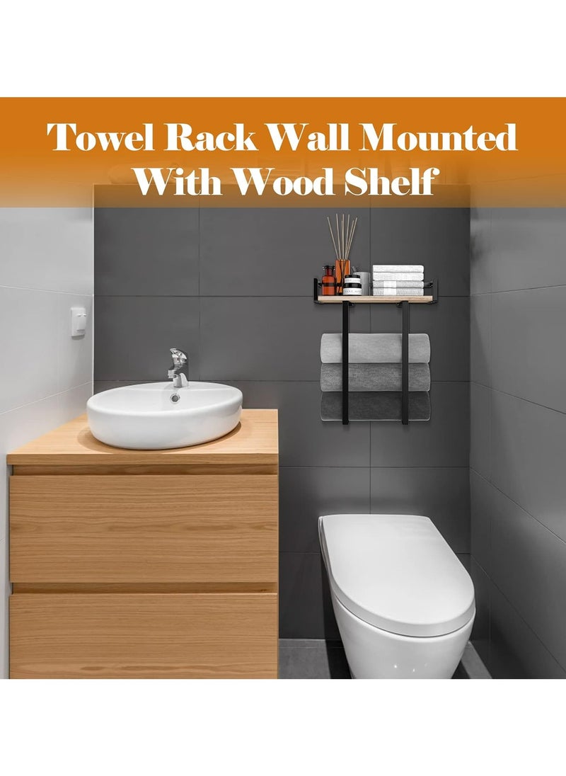 Towel Holder Towel Rack Wall Mounted for Bathroom Decor, Metal Towel Holders with Wooden Shelf