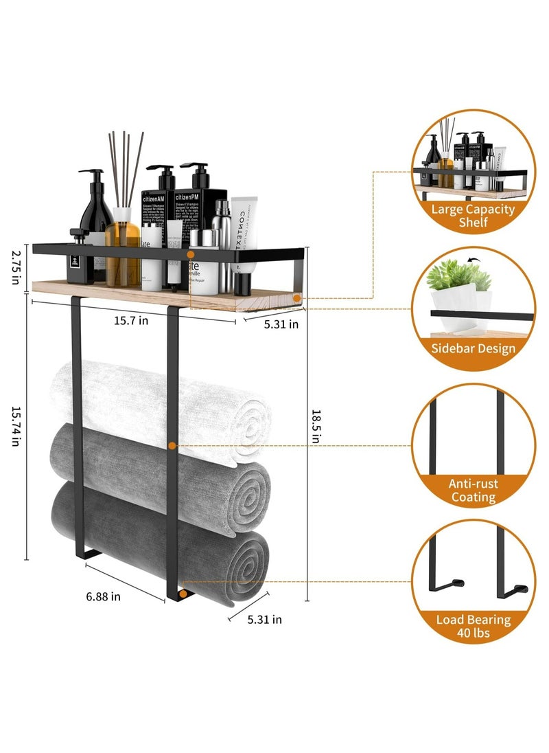 Towel Holder Towel Rack Wall Mounted for Bathroom Decor, Metal Towel Holders with Wooden Shelf