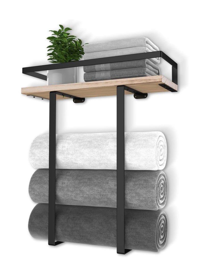 Towel Holder Towel Rack Wall Mounted for Bathroom Decor, Metal Towel Holders with Wooden Shelf