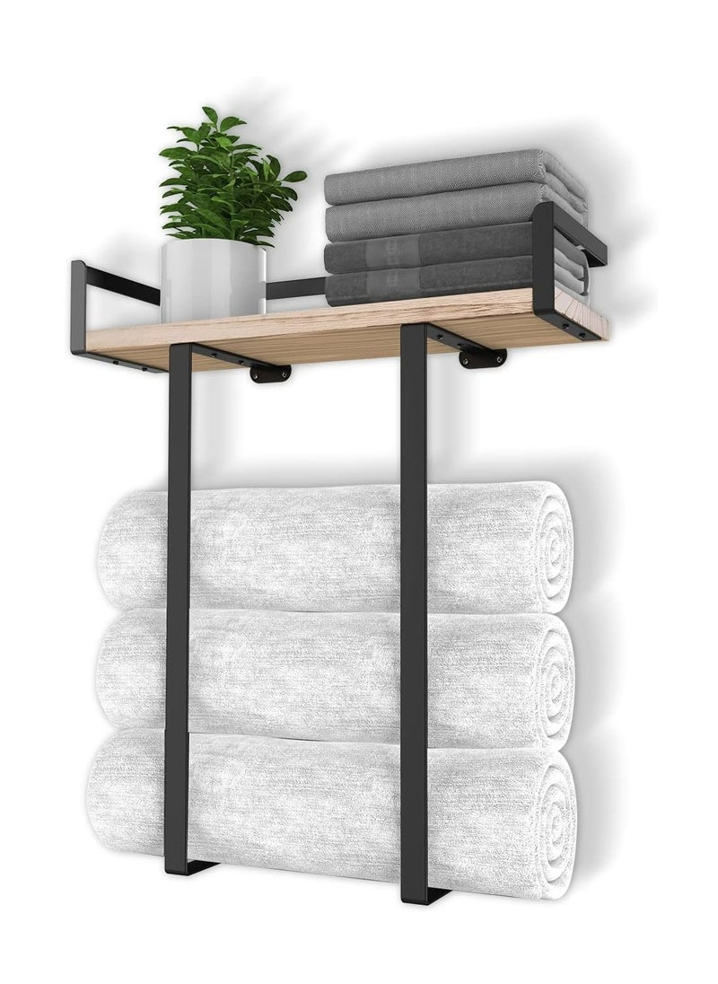 Towel Holder Towel Rack Wall Mounted for Bathroom Decor, Metal Towel Holders with Wooden Shelf