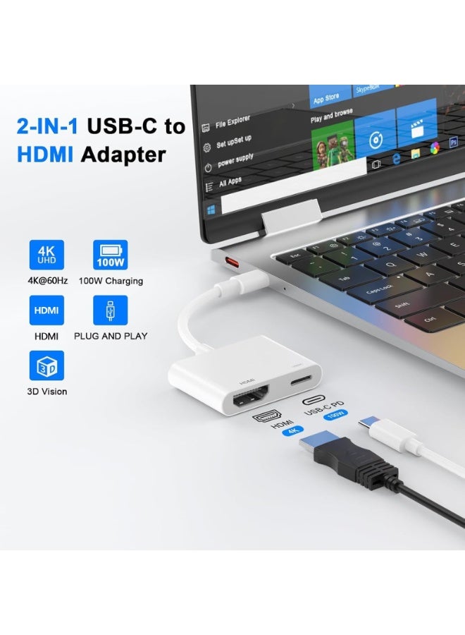 SYOSI USB C to HDMI Adapter, 2-in-1 Type C to HDMI for i-Phone 16/15, 4K@60Hz, 100W Fast Charging, TV/HDTV/Monitor/Projector Video & Audio Sync, USB C Hub Compatible with Sam-sung, MacBook Pro (White) - Image 2