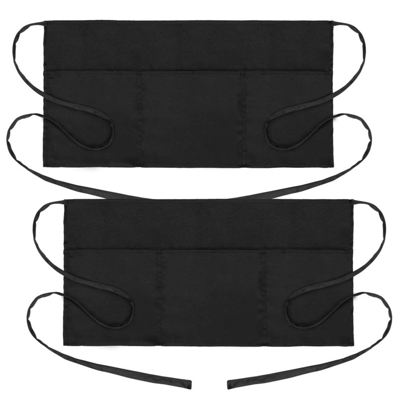Will Well 2 Pack Waist Apron with 3 Pockets - Water & Oil Resistant - Black Waitress Apron - Half Aprons for Women  12 Inch Server Apron with Pocket - Black Aprons for Servers - Waitress Apron with Pockets - Image 1