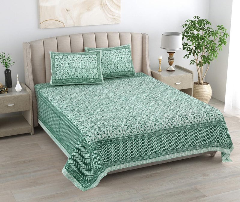 KOTTS & STITCH KOTTS STITCH Jaipuri Cotton Bedsheet Traditional Double Bedsheet 93x108 Pure Cotton with 2 Pillow Covers Ethnic Jaipuri Print for Bedroom or Gifting Green - Image 2