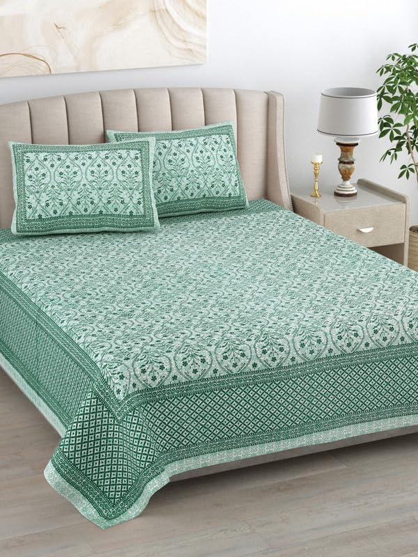 KOTTS & STITCH KOTTS STITCH Jaipuri Cotton Bedsheet Traditional Double Bedsheet 93x108 Pure Cotton with 2 Pillow Covers Ethnic Jaipuri Print for Bedroom or Gifting Green - Image 3