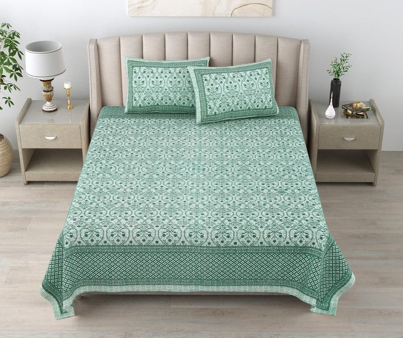 KOTTS & STITCH KOTTS STITCH Jaipuri Cotton Bedsheet Traditional Double Bedsheet 93x108 Pure Cotton with 2 Pillow Covers Ethnic Jaipuri Print for Bedroom or Gifting Green - Image 1