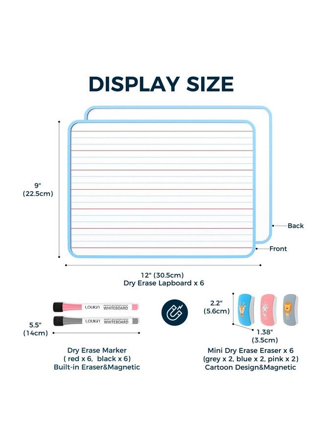 Loukin 6 Pack Small Dry Erase Lapboard 9 X 12 Inch Double Sided (Ruled Plain) Seamless Frame Design Mini Magnetic Whiteboard Set Great For Kids Classroom School (6 Erasers&12 Markers Included) - Image 3