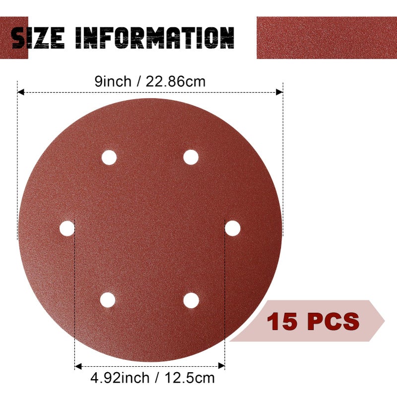 GOH DODD 9 Inch 6 Hole Sanding Disc, GOH DODD 40 Grit 15 Pieces Hook and Loop Sandpaper Aluminum Oxide Sanding Pads Sand Paper for Drywall Sander Wood Metal Glass Plastic Leather Rubber - Image 3