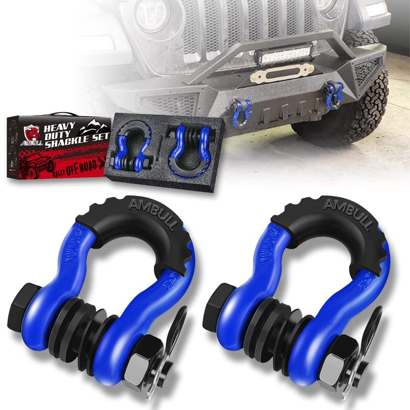 AMBULL Shackles 34 Inch D Ring Shackle 2 Pack 45000lb Break Strength with 78 Inch Pin Isolator and Washer Kits for Use with Tow Strap Winch OffRoad Jeep Truck Vehicle Recovery Blue