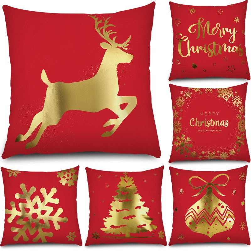 Tatuo Christmas Pillow Covers 18 x 18 Set of 6 Christmas Decoration Throw Pillow Covers Winter Holiday Decor Cushion Cases for Sofa Couch Bedroom Xmas Tree Snowflake ReindeerRed Gold - Image 2