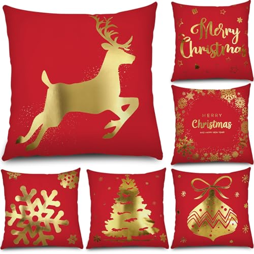 Tatuo Christmas Pillow Covers 18 x 18 Set of 6 Christmas Decoration Throw Pillow Covers Winter Holiday Decor Cushion Cases for Sofa Couch Bedroom Xmas Tree Snowflake ReindeerRed Gold - Image 1