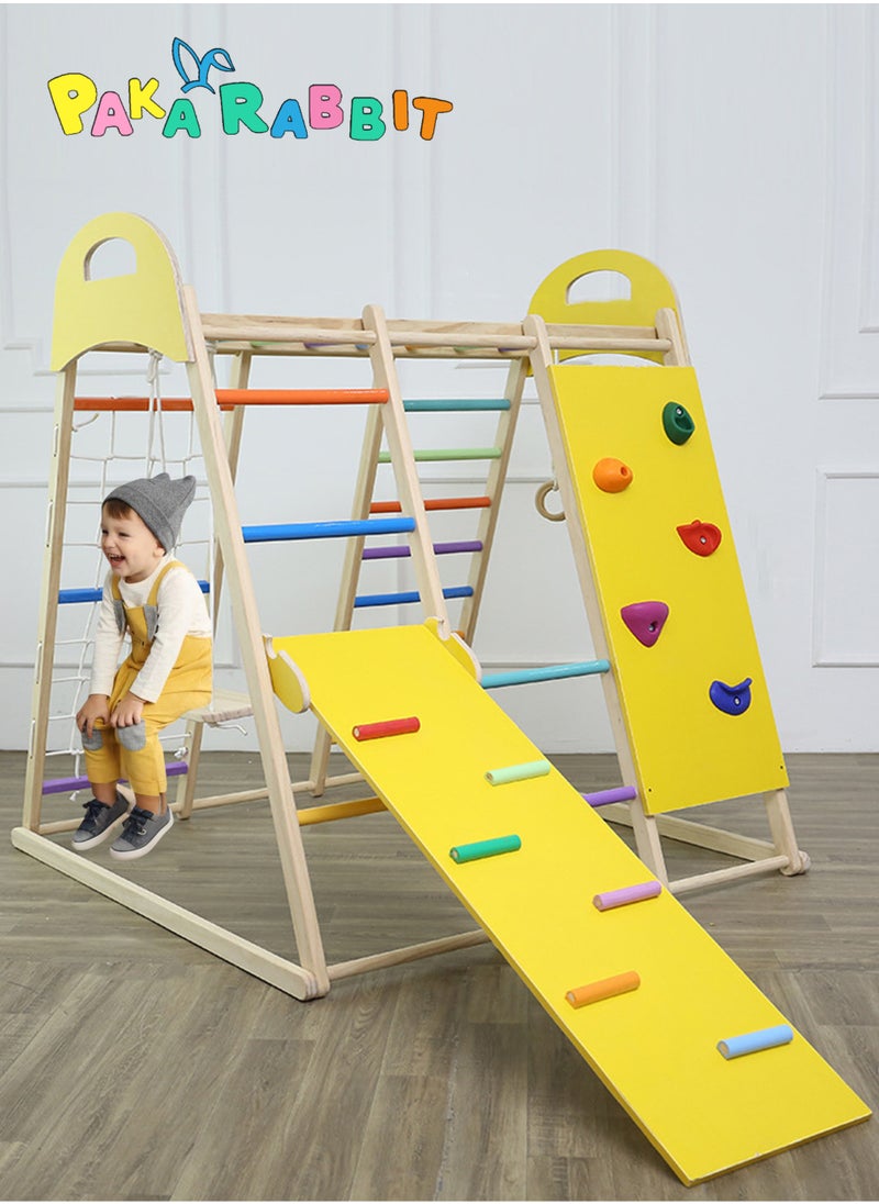 Paka Rabbit - Indoor Jungle Gym, 8 in1 Functions Wooden Baby Toddler Climbing Toys Montessori Climber Playset for Kids with Slide, Climbing Rock, Climbing Net, Monkey Bars, Crawing Ladder, Rope Ladder and Swing - Image 1