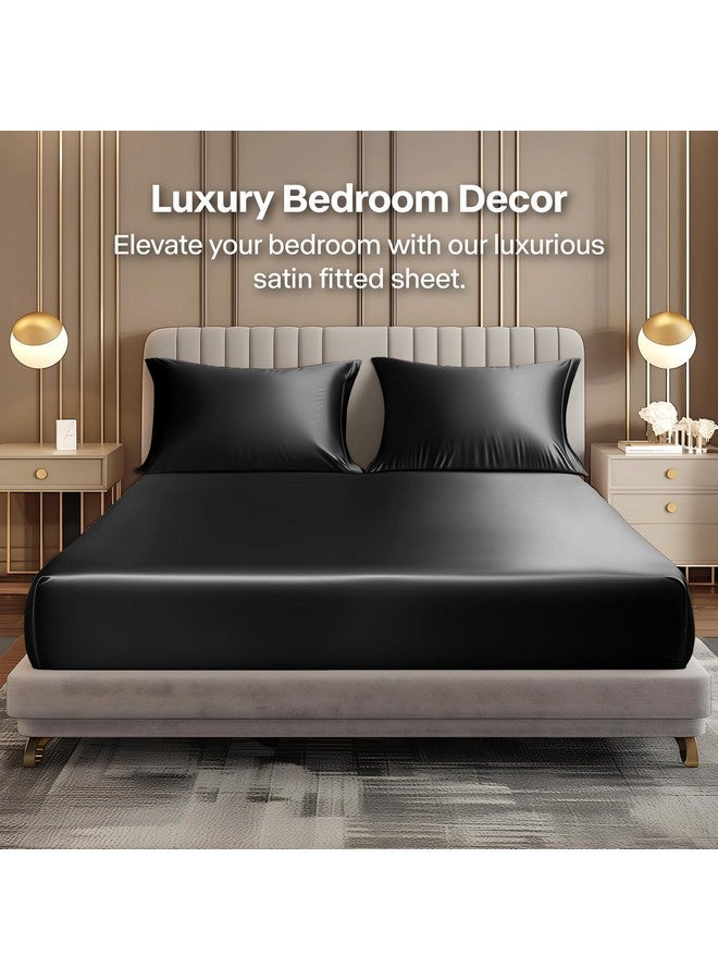 BEDELITE مجموعة ملاءات سرير ساتين بيدلايت وغطاء الوسائد، ناعمة وفاخرة تشبه الحرير مع أحزمة مرنة في الزوايا، جيب عميق يصل إلى 15 بوصة، 1 ملاءة سرير و2 غطاء وسادة (كوين، أسود) - Image 1