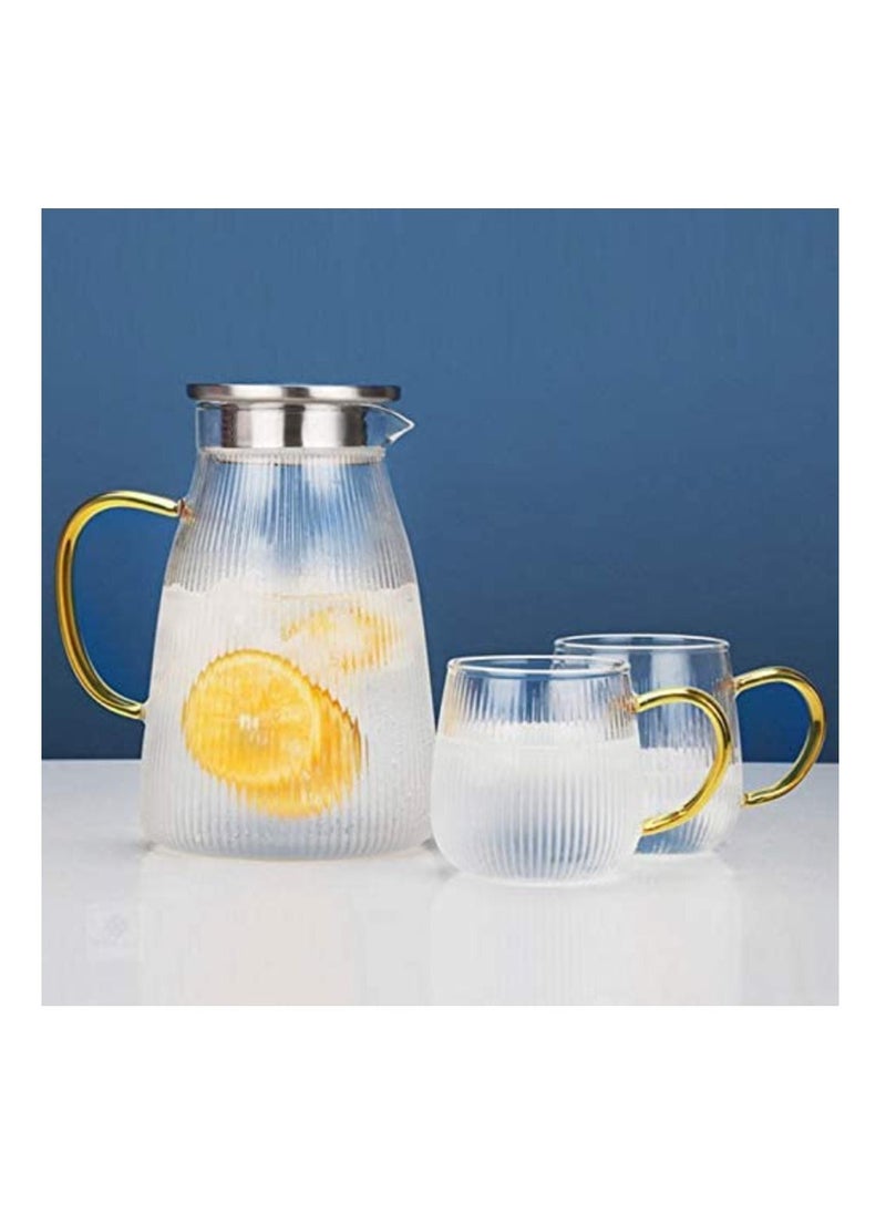 1Chase Heat Resistant Borosilicate Stripe Glass Water Pitcher With Stainless Steel Strainer Lid 1500ML and 2Pcs 350 MlL Glass Mug with Handle  - Image 1