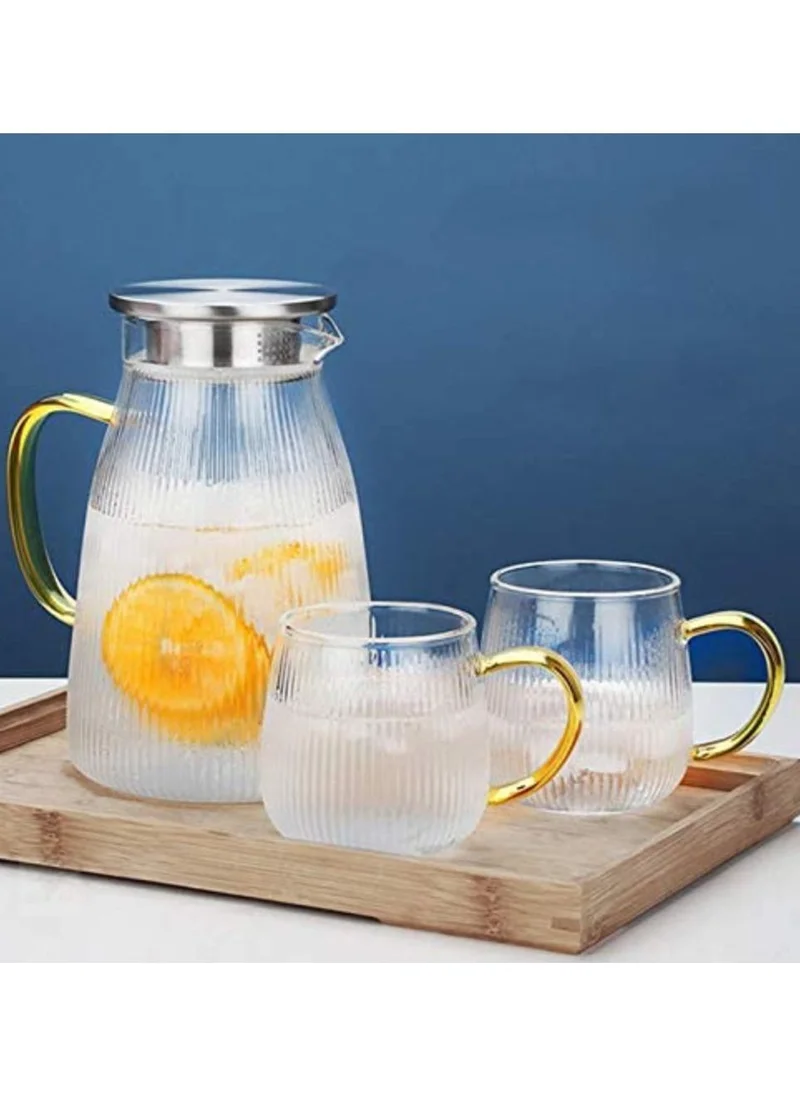 1Chase Heat Resistant Borosilicate Stripe Glass Water Pitcher With Stainless Steel Strainer Lid 1500ML and 2Pcs 350 MlL Glass Mug with Handle