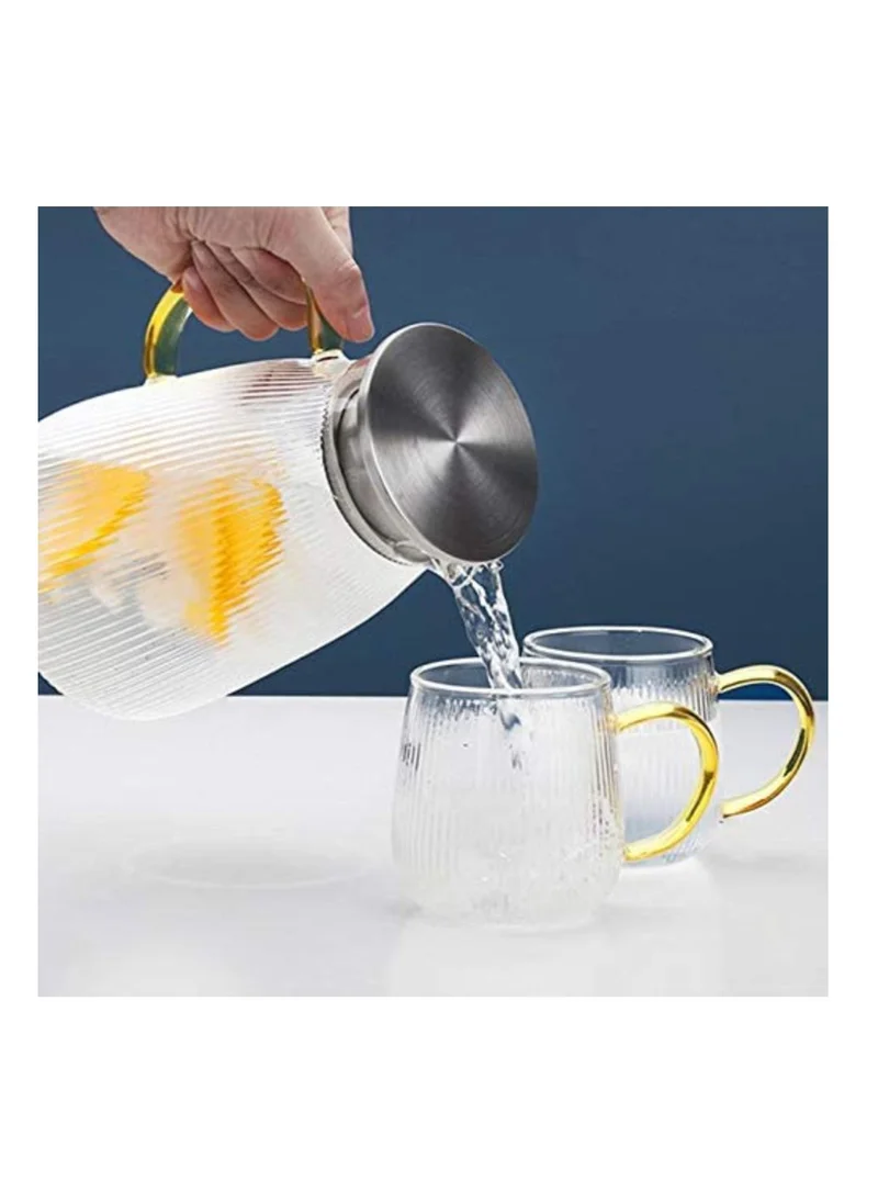 1Chase Heat Resistant Borosilicate Stripe Glass Water Pitcher With Stainless Steel Strainer Lid 1500ML and 2Pcs 350 MlL Glass Mug with Handle