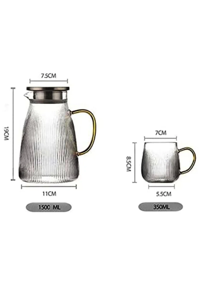 1Chase Heat Resistant Borosilicate Stripe Glass Water Pitcher With Stainless Steel Strainer Lid 1500ML and 2Pcs 350 MlL Glass Mug with Handle