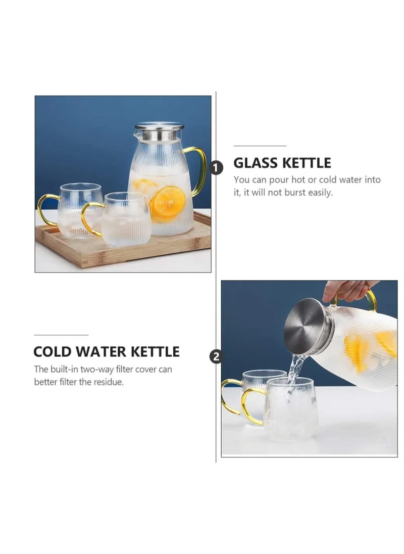 1Chase Heat Resistant Borosilicate Stripe Glass Water Pitcher With Stainless Steel Strainer Lid 1500ML and 2Pcs 350 MlL Glass Mug with Handle