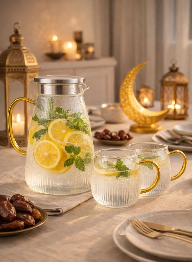 1Chase Borosilicate Stripe Glass Water Pitcher with Stainless Steel Strainer Lid 1500ml And 2 x 350ML Glass Mugs with Golden Handle – Heat Resistant Juice & Beverage Set