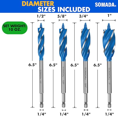 SOMADA Auger Drill Bit Set for Wood, 4-Piece, 1/2", 5/8", 3/4" and 1" Inch Size, 6-Inch Long Impact Wood Auger Set with Quick Change hex Shank - Image 4