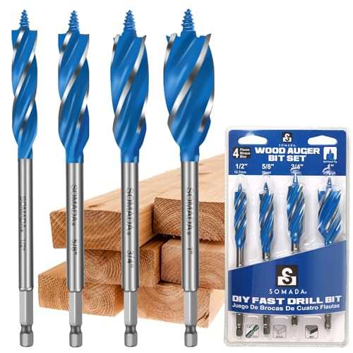 SOMADA Auger Drill Bit Set for Wood, 4-Piece, 1/2", 5/8", 3/4" and 1" Inch Size, 6-Inch Long Impact Wood Auger Set with Quick Change hex Shank - Image 1