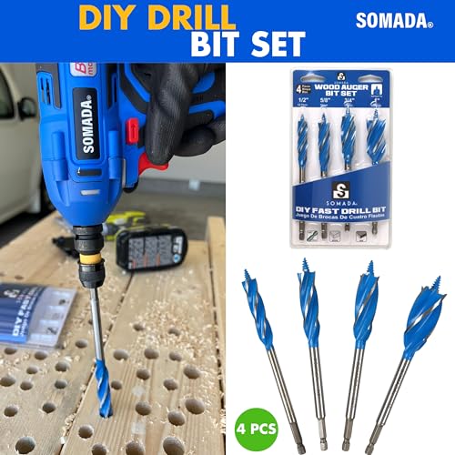 SOMADA Auger Drill Bit Set for Wood, 4-Piece, 1/2", 5/8", 3/4" and 1" Inch Size, 6-Inch Long Impact Wood Auger Set with Quick Change hex Shank - Image 2