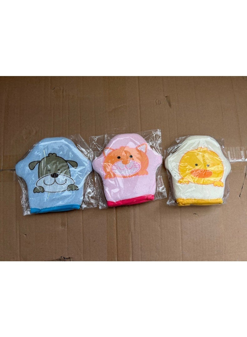 3-Piece Cartoon Printed Plush Animal Bath Gloves Set - Image 4