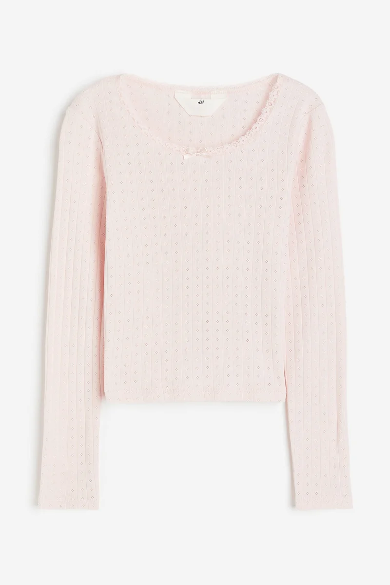 H&M Youth Essential Lace Trimmed Pointelle Jersey Top