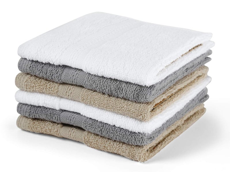RF Pure Cotton Face Towel Set of 6 450 GSM Soft Plush and Highly Absorbent Size 12 x 12 Inch Grey White and Tan - Image 1