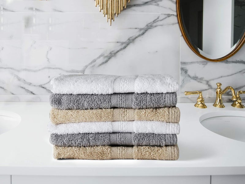 RF Pure Cotton Face Towel Set of 6 450 GSM Soft Plush and Highly Absorbent Size 12 x 12 Inch Grey White and Tan - Image 4