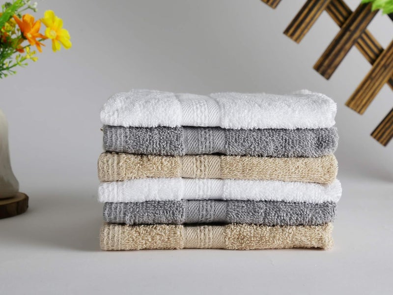 RF Pure Cotton Face Towel Set of 6 450 GSM Soft Plush and Highly Absorbent Size 12 x 12 Inch Grey White and Tan - Image 3