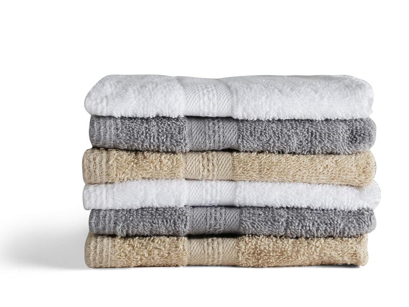 RF Pure Cotton Face Towel Set of 6 450 GSM Soft Plush and Highly Absorbent Size 12 x 12 Inch Grey White and Tan - Image 2