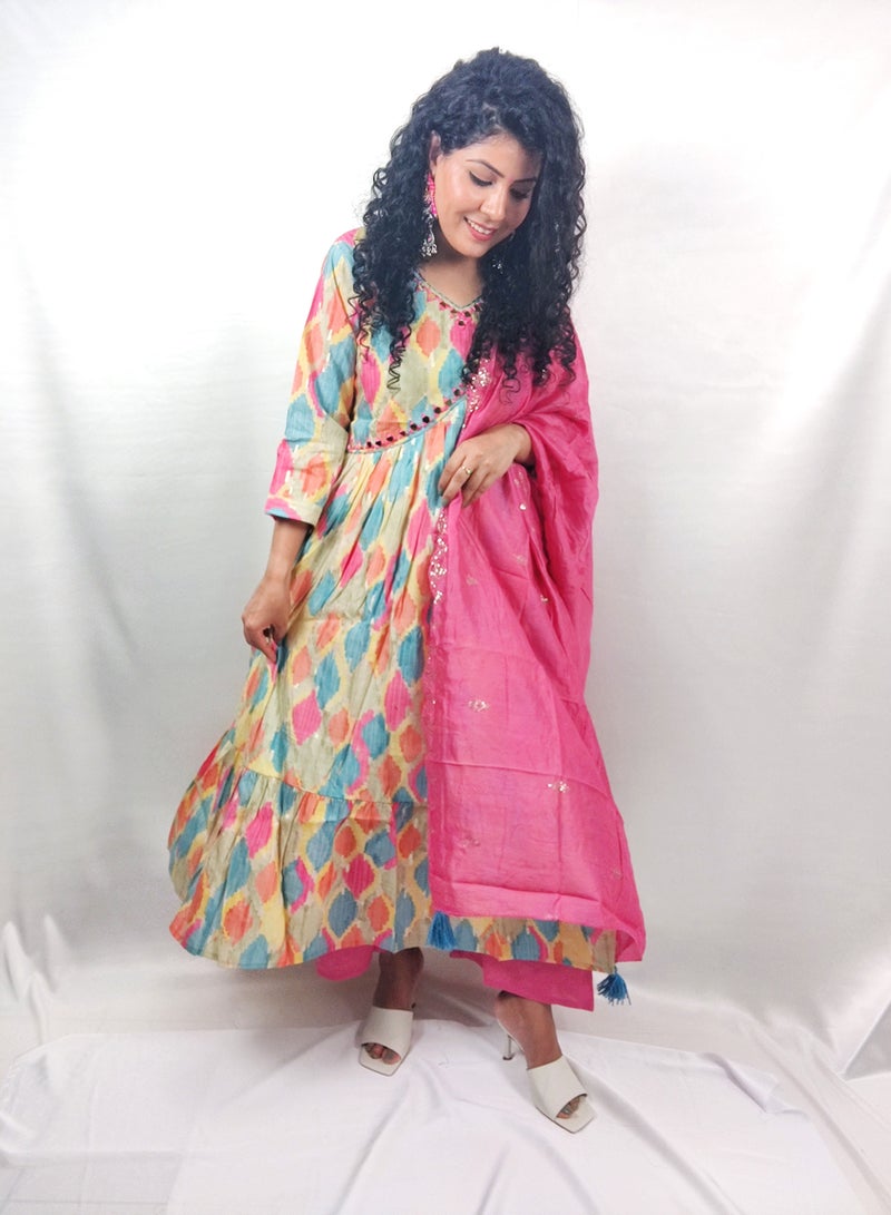 PRIYA’S PANACHE PRIYA'S PANACHE Multicolor Alia Cut Flared Muslin Kurta Pant Dupatta Set – Traditional Indian Ethnic Partywear for Women. - Image 1