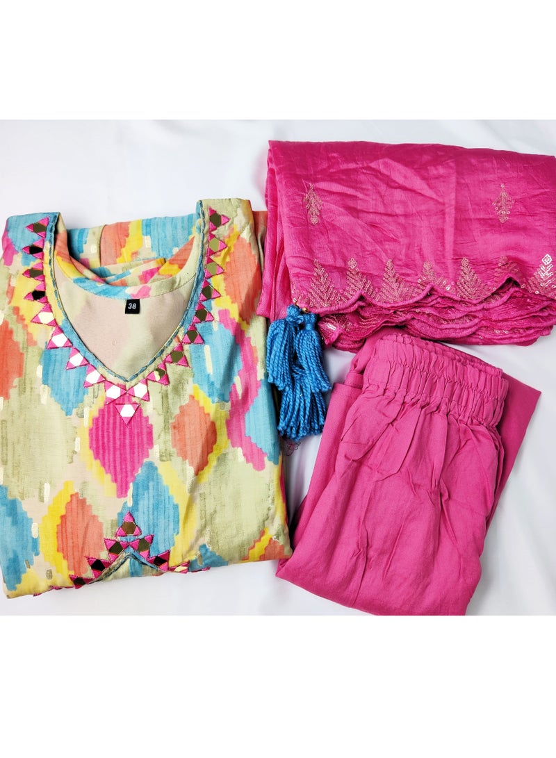 PRIYA’S PANACHE PRIYA'S PANACHE Multicolor Alia Cut Flared Muslin Kurta Pant Dupatta Set – Traditional Indian Ethnic Partywear for Women. - Image 5