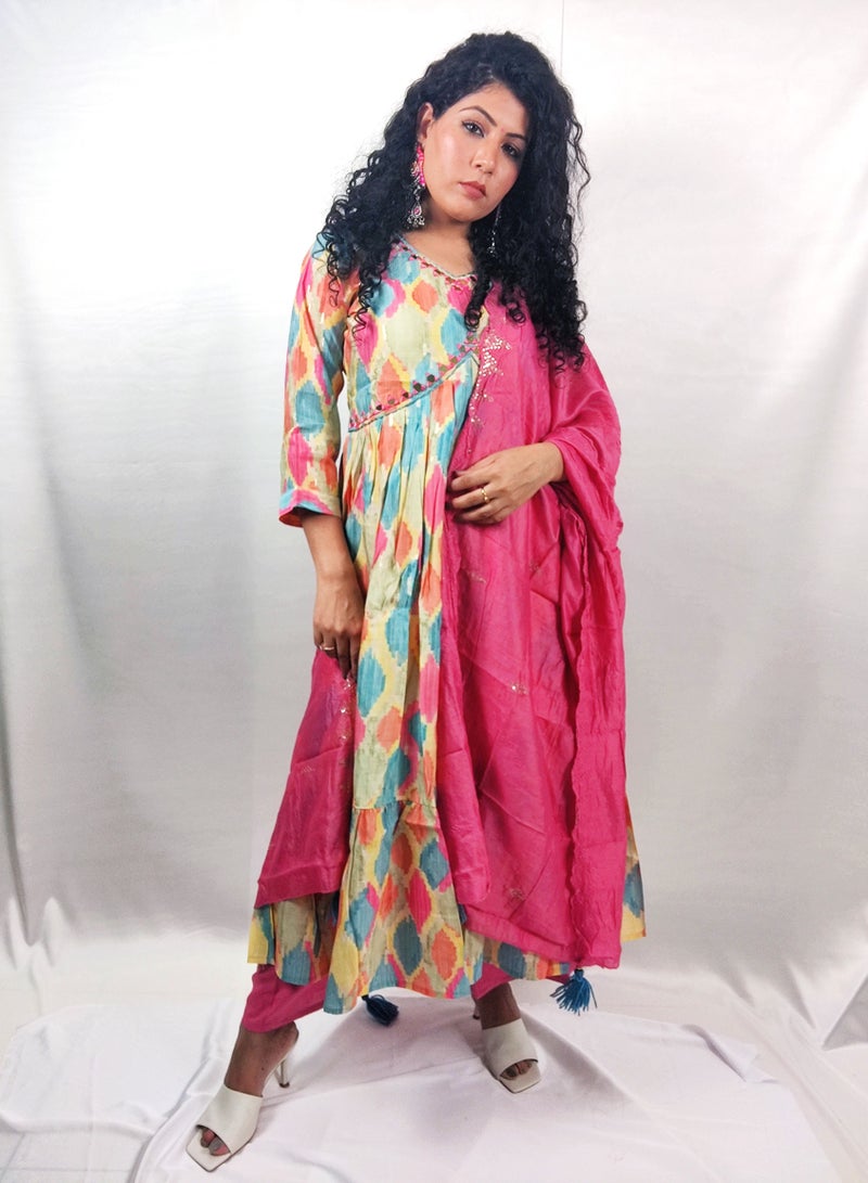 PRIYA’S PANACHE PRIYA'S PANACHE Multicolor Alia Cut Flared Muslin Kurta Pant Dupatta Set – Traditional Indian Ethnic Partywear for Women. - Image 2