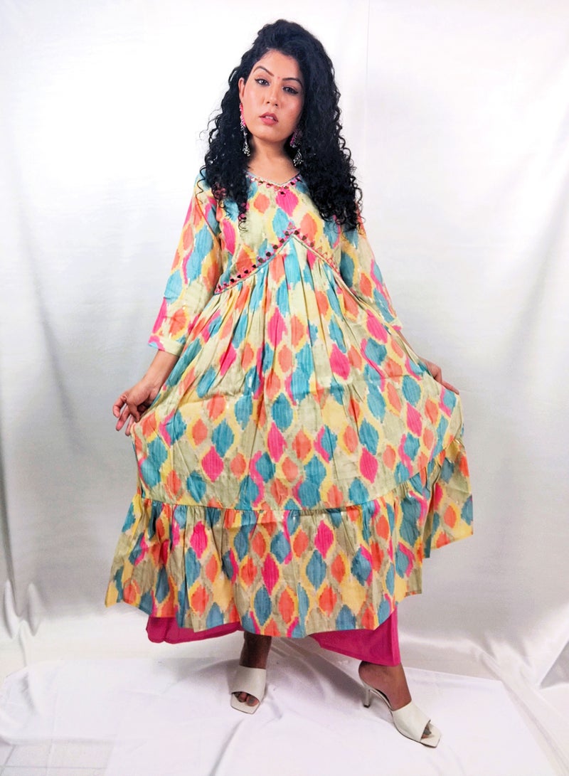 PRIYA’S PANACHE PRIYA'S PANACHE Multicolor Alia Cut Flared Muslin Kurta Pant Dupatta Set – Traditional Indian Ethnic Partywear for Women. - Image 3