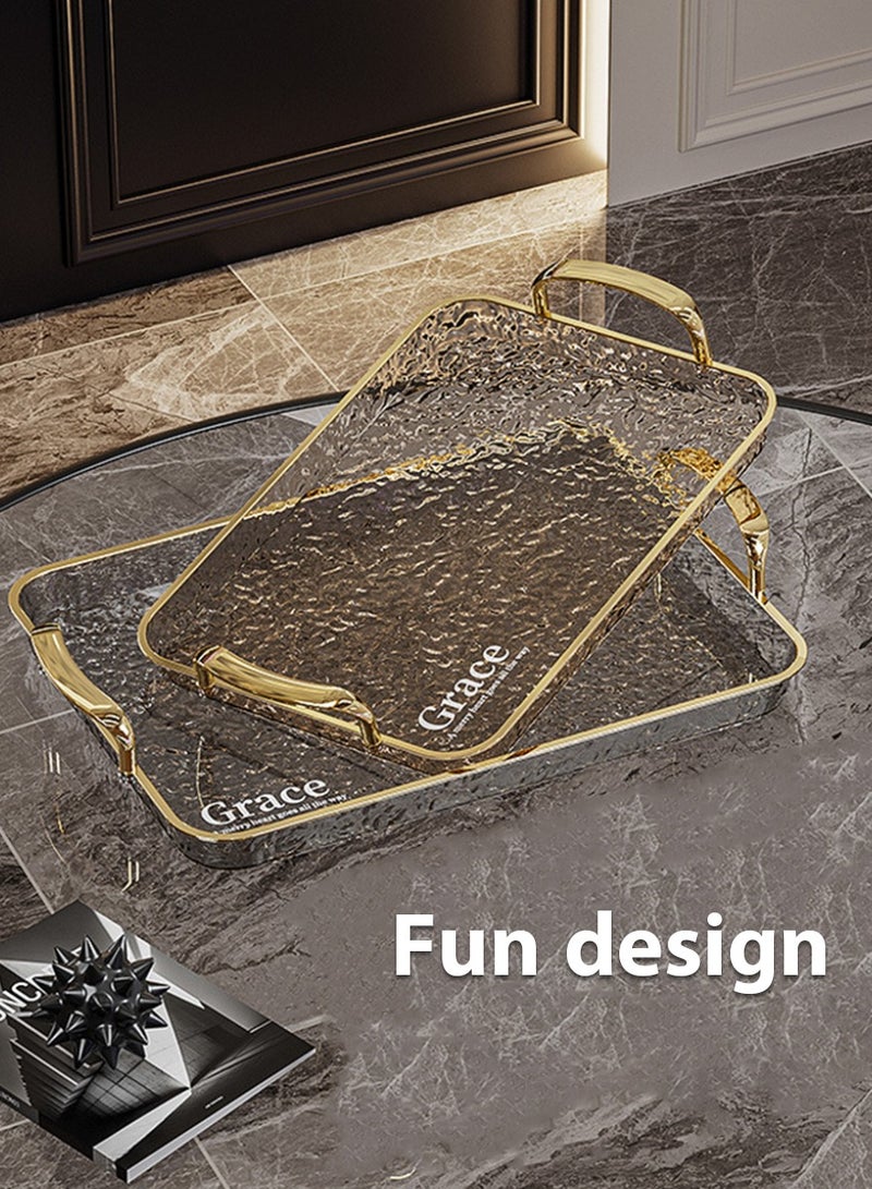 DPTER 2 PCS Serving Tray Set, With Gold Polished Metal Handles, Serving Plate, Wavy Pattern Clear Tray, Spill-Proof Tray, Decorative Serving Tray for Coffee Table, Tea, Storage Rectangular, Living Room, Bedroom，Large and Medium Size - Image 2