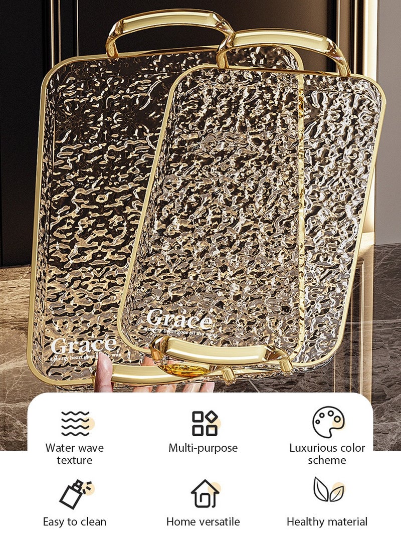 DPTER 2 PCS Serving Tray Set, With Gold Polished Metal Handles, Serving Plate, Wavy Pattern Clear Tray, Spill-Proof Tray, Decorative Serving Tray for Coffee Table, Tea, Storage Rectangular, Living Room, Bedroom，Large and Medium Size - Image 1