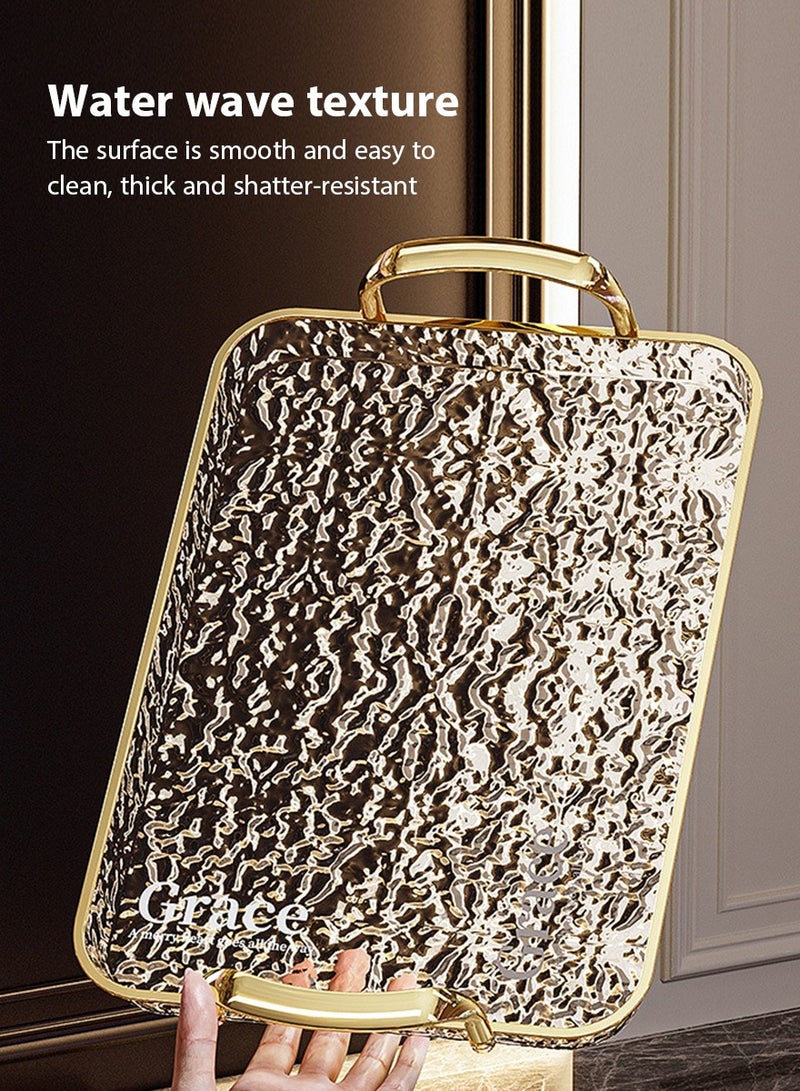 DPTER 2 PCS Serving Tray Set, With Gold Polished Metal Handles, Serving Plate, Wavy Pattern Clear Tray, Spill-Proof Tray, Decorative Serving Tray for Coffee Table, Tea, Storage Rectangular, Living Room, Bedroom，Large and Medium Size - Image 4