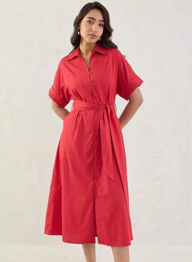 Femmella Femmella Red Solid Poplin Shirt Midi Dress with Belt Detail