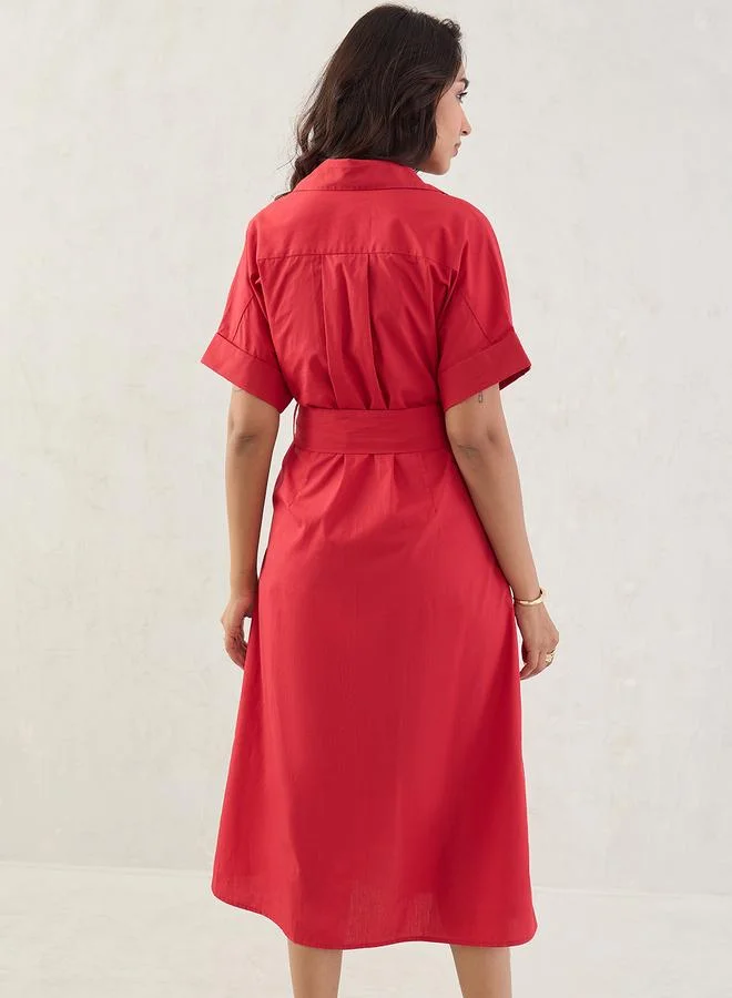 Femmella Femmella Red Solid Poplin Shirt Midi Dress with Belt Detail