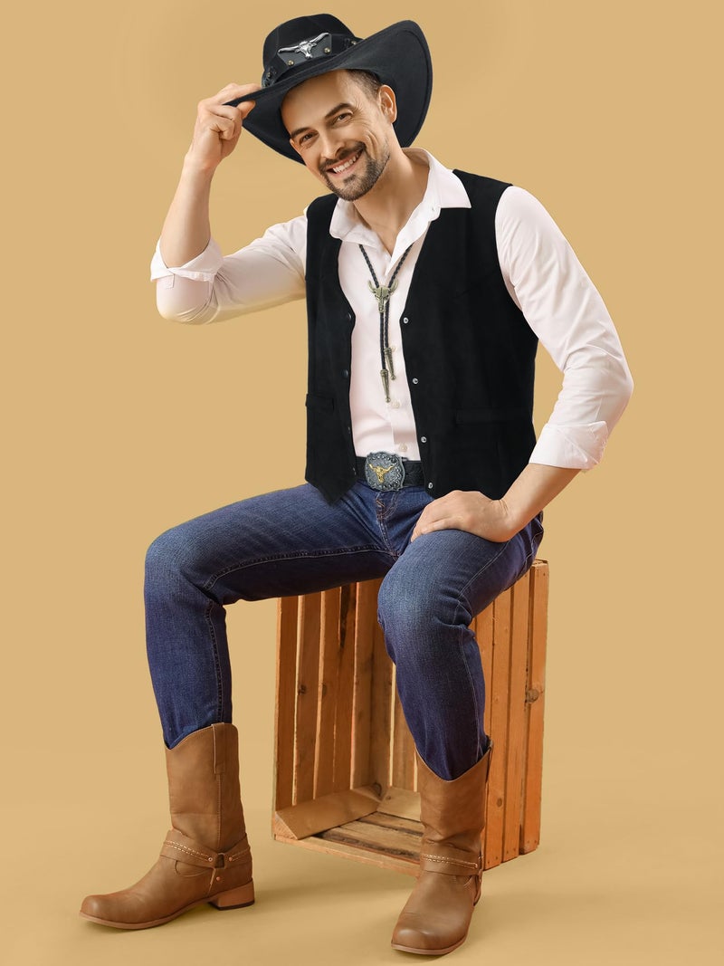 Cutecrop 4 Pcs Western Cowboy Outfits for Men Suede Leather Vest Hat Bolo Tie Belt for Western Halloween Cosplay(XX-Large,Black) - Image 2