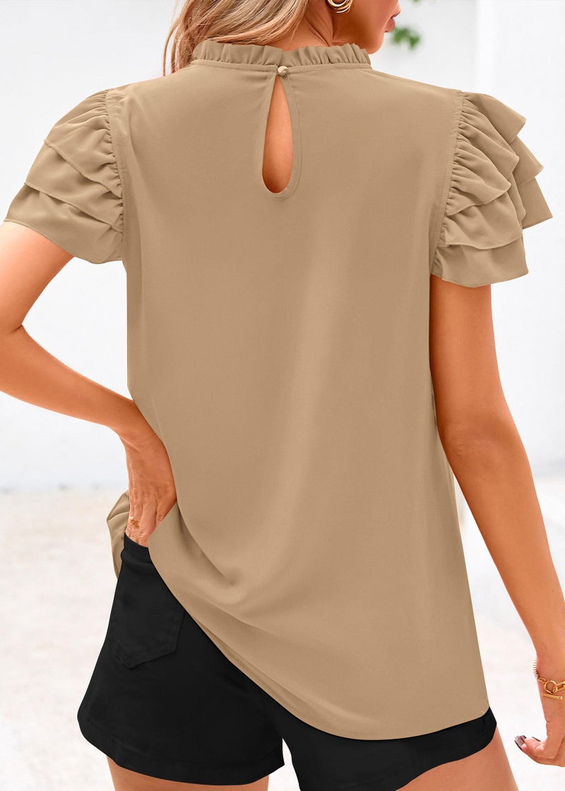 KIRUNDO Blouses for Women Dressy Casual 2026 Spring Summer Ruffle Short Sleeve Mock Neck Work Shirts Tops Fashion Clothing(Khaki, Large) - Image 2