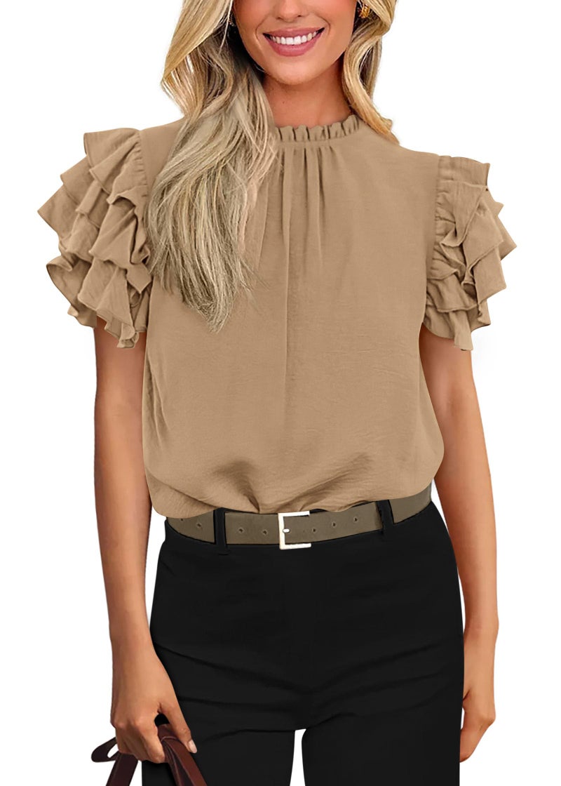 KIRUNDO Blouses for Women Dressy Casual 2026 Spring Summer Ruffle Short Sleeve Mock Neck Work Shirts Tops Fashion Clothing(Khaki, Large) - Image 1