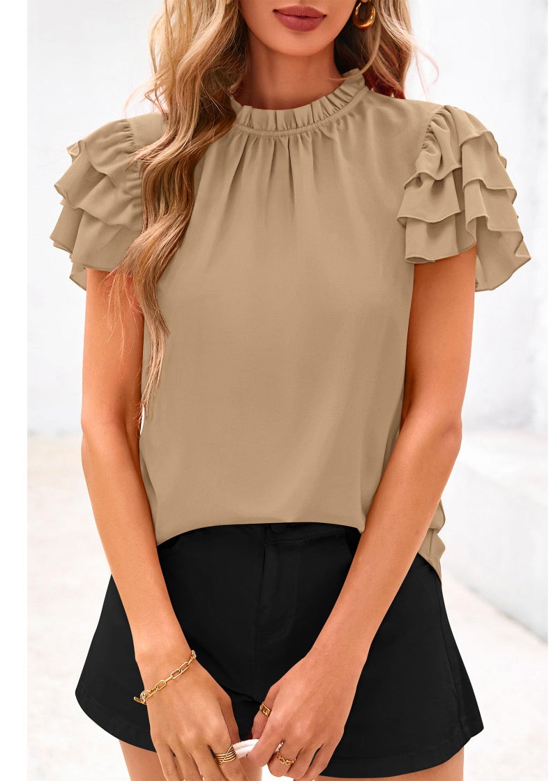 KIRUNDO Blouses for Women Dressy Casual 2026 Spring Summer Ruffle Short Sleeve Mock Neck Work Shirts Tops Fashion Clothing(Khaki, Large) - Image 3