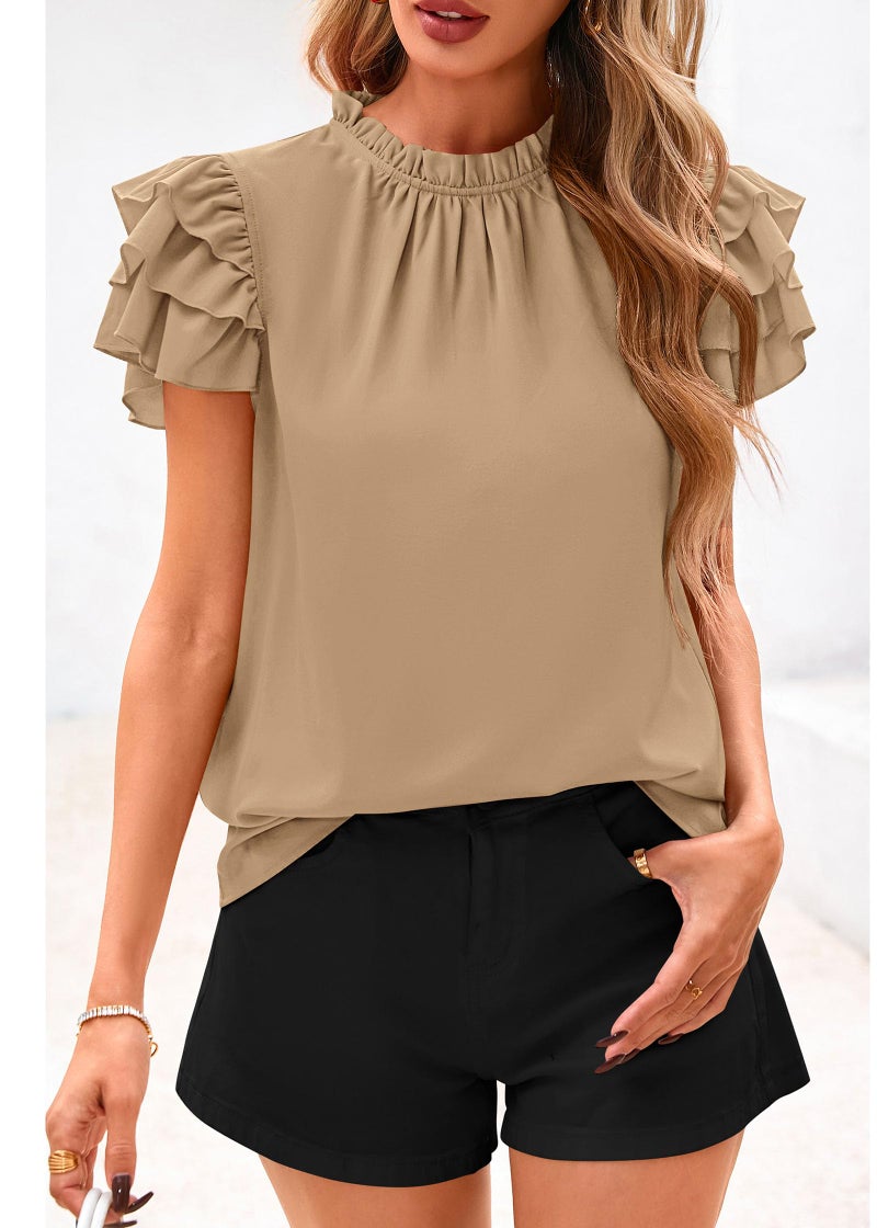 KIRUNDO Blouses for Women Dressy Casual 2026 Spring Summer Ruffle Short Sleeve Mock Neck Work Shirts Tops Fashion Clothing(Khaki, Large) - Image 4