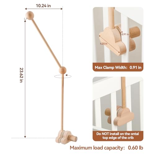 OESSUF Baby Crib Mobile Arm 24 Inch Adjustable Wood Hanger White Cloud Design Nursery Mobile Holder for Cot Bed Wooden - Image 3