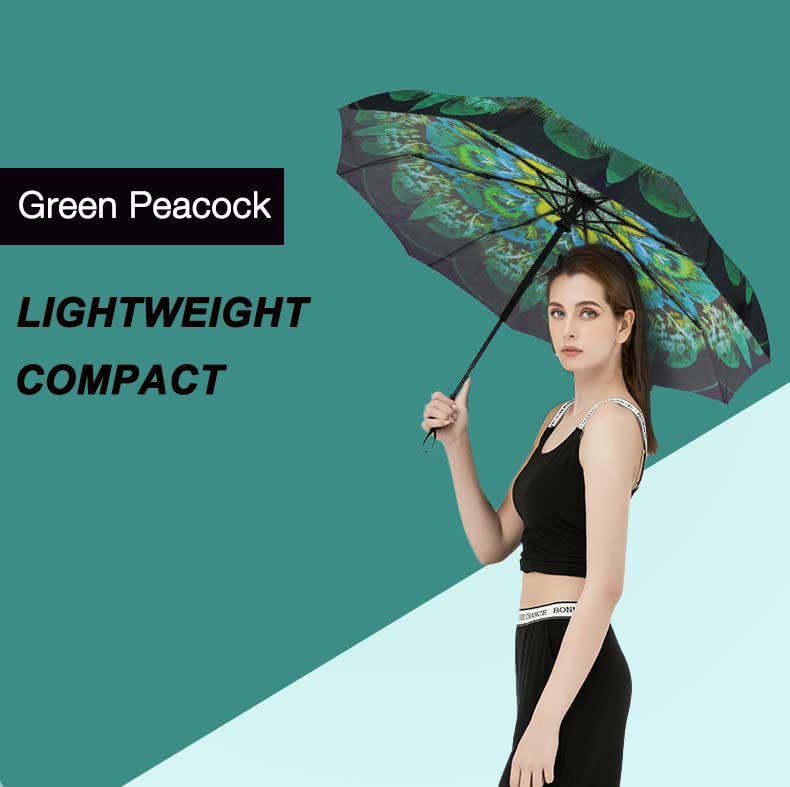 SIEPASA Windproof Travel Compact Umbrella-Automatic Umbrellas for Rain- Folding Umbrella, Travel Umbrella Compact, Small Portable Windproof Umbrellas for Men Women Teenage. (Green Peacock) - Image 3