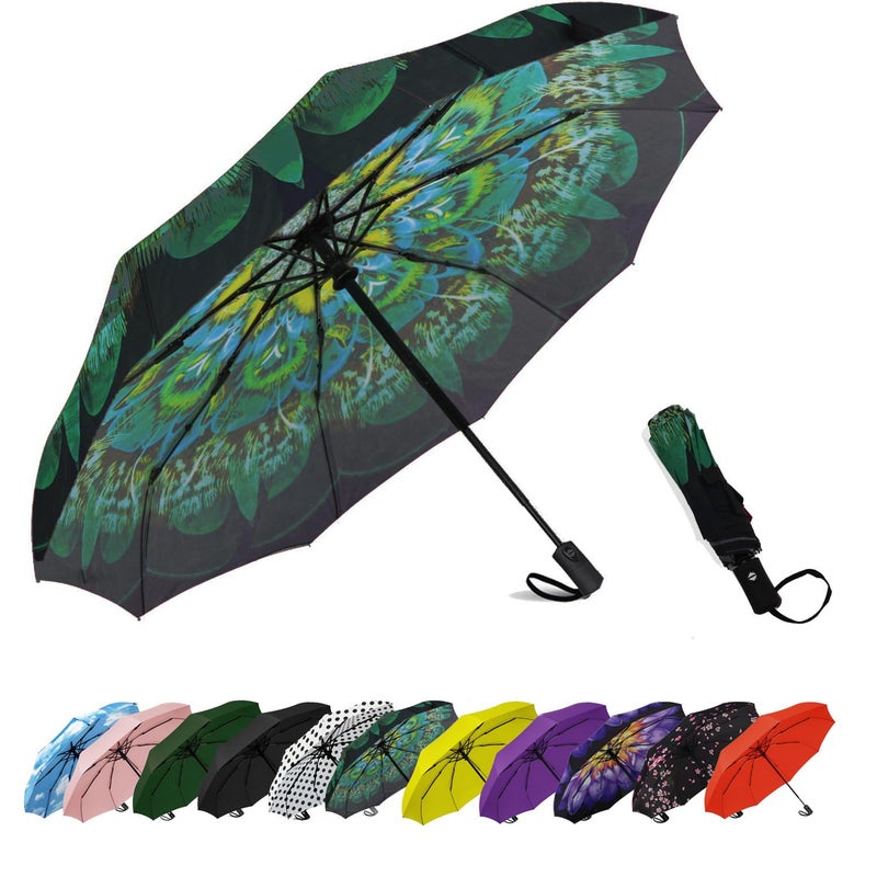 SIEPASA Windproof Travel Compact Umbrella-Automatic Umbrellas for Rain- Folding Umbrella, Travel Umbrella Compact, Small Portable Windproof Umbrellas for Men Women Teenage. (Green Peacock) - Image 1